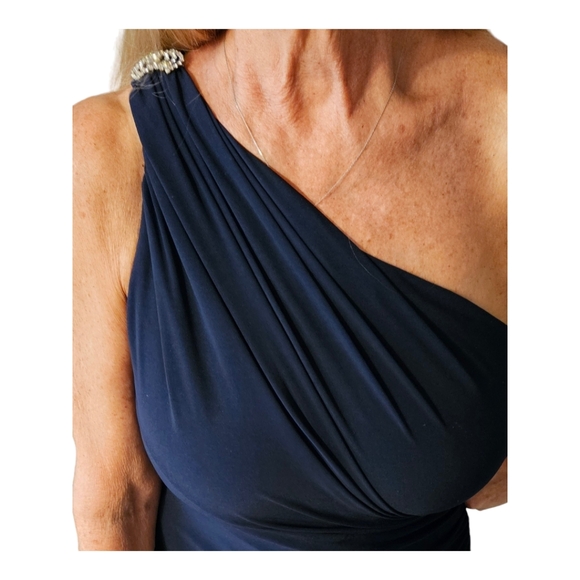 Betsy & Adam Dark Navy Rhinestone Embellished One Shoulder Jersey Dress - Picture 3 of 6